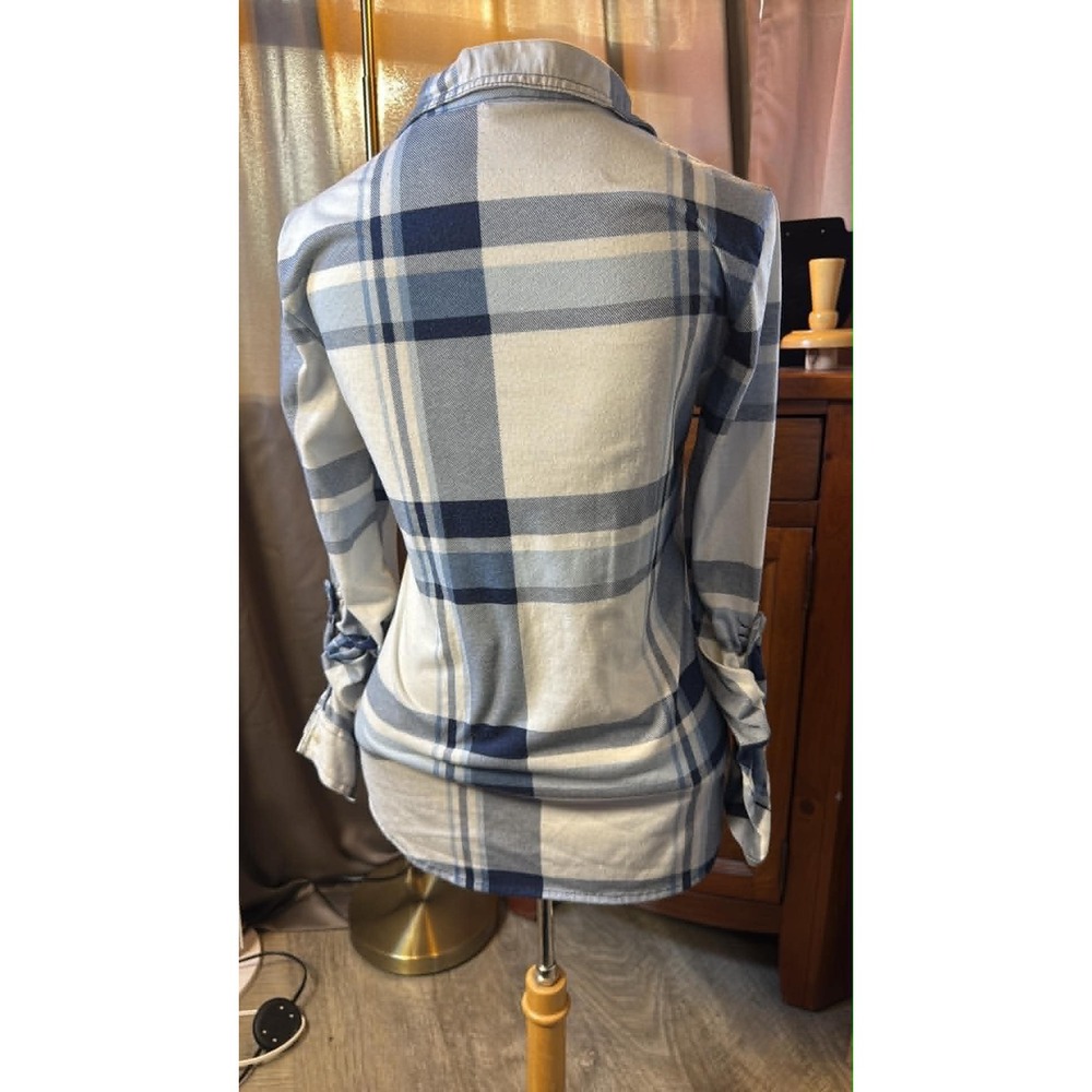 Passport Womens Blue White Plaid Button Down Roll Tab Sleeve Shirt - Picture 5 of 5